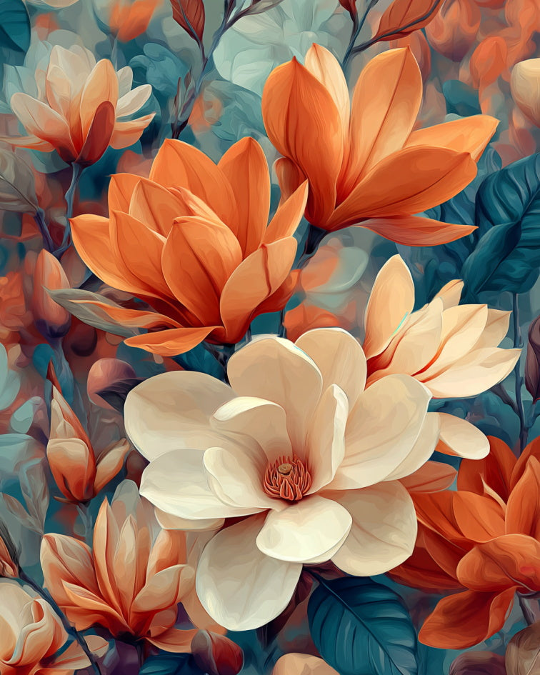 A close-up floral artwork showing large blossoms in warm orange and soft cream tones against a blue-teal leafy background.