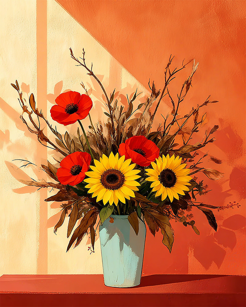 Vase with red poppies and yellow sunflowers on a peach-colored background