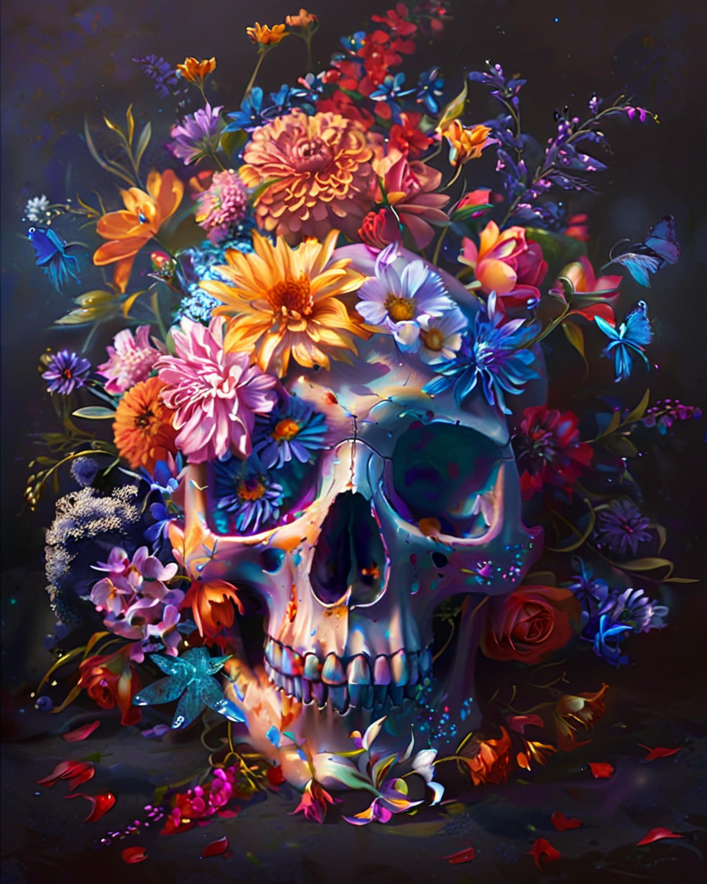 A vivid representation of a human skull surrounded by a dense arrangement of colourful flowers and butterflies against a dark background.
