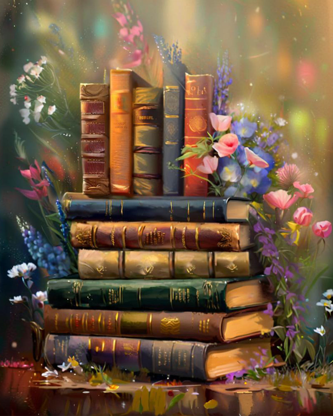 Stack of old books with flowers on a reflective surface