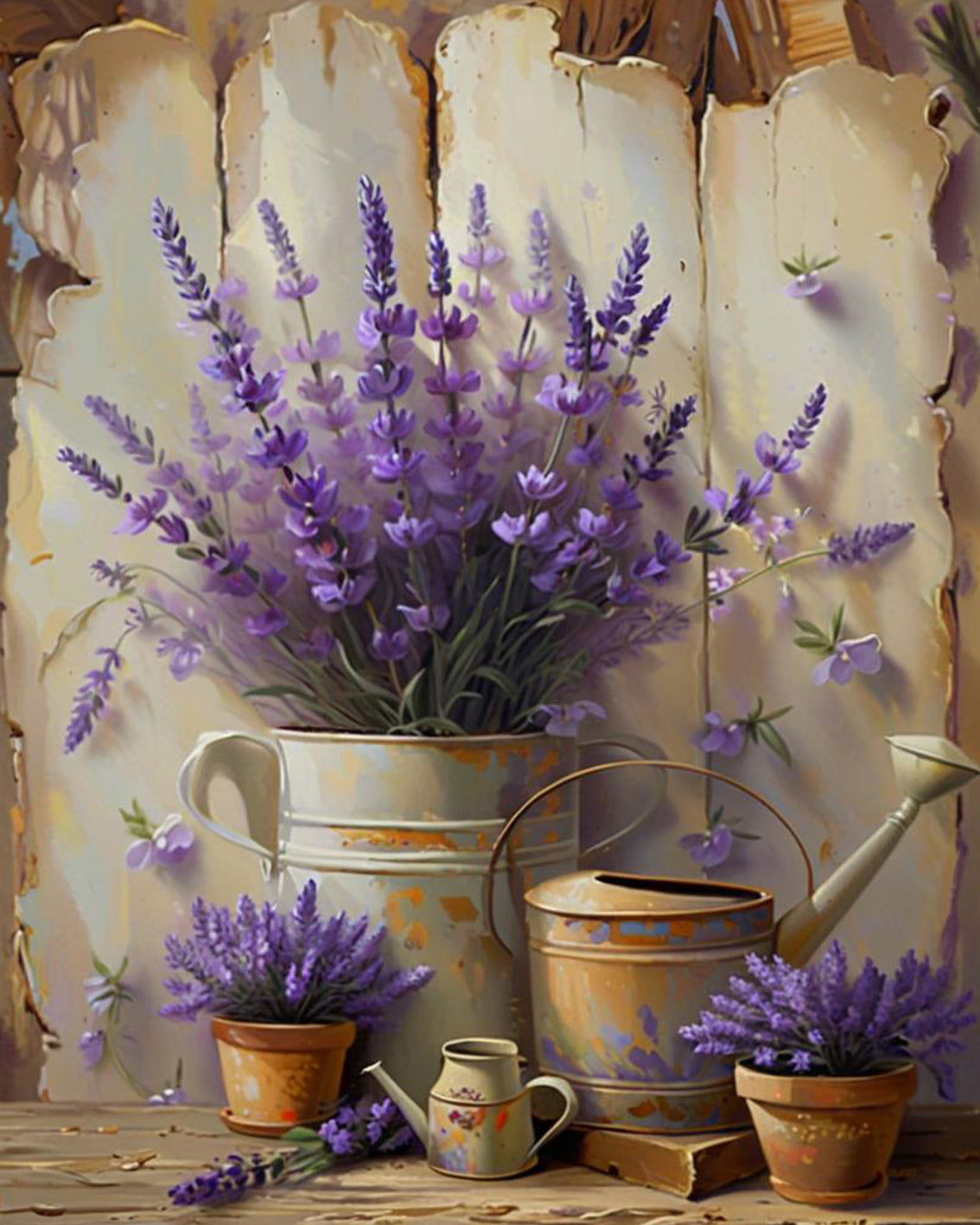 Decorative scene with lavender plants, watering cans, and pots against a rustic wooden background.