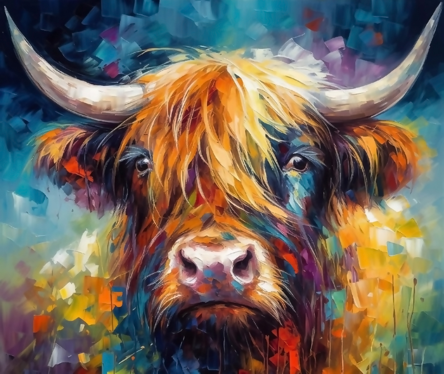 Colorful painting of a Highland cow with abstract background