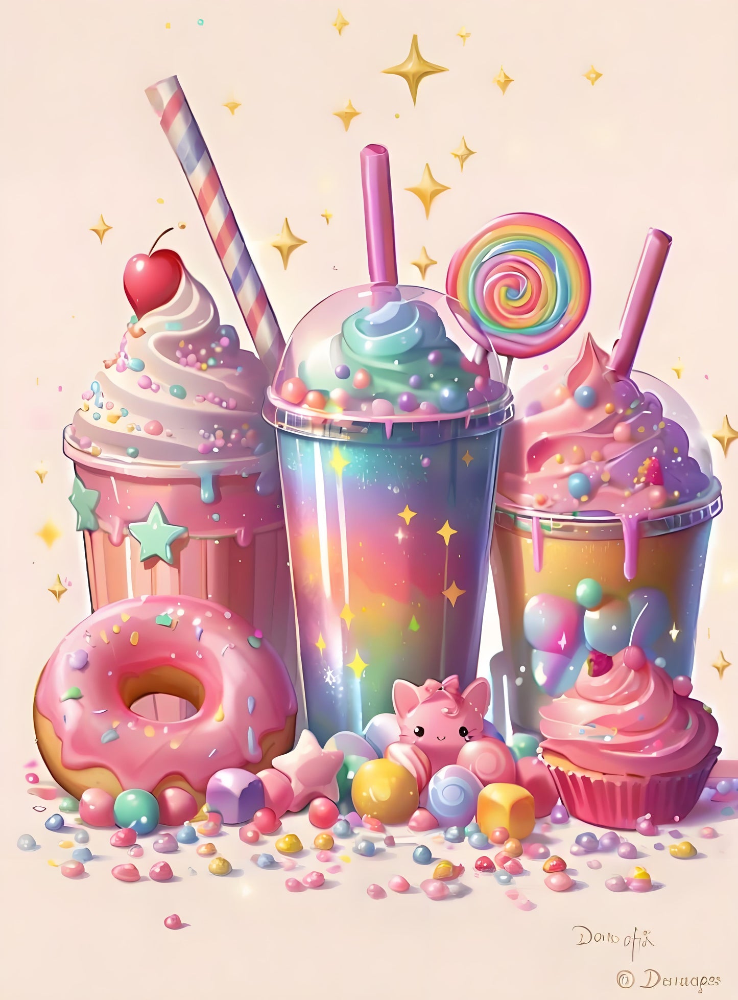 Three vibrant milkshakes surrounded by doughnuts and sprinkles