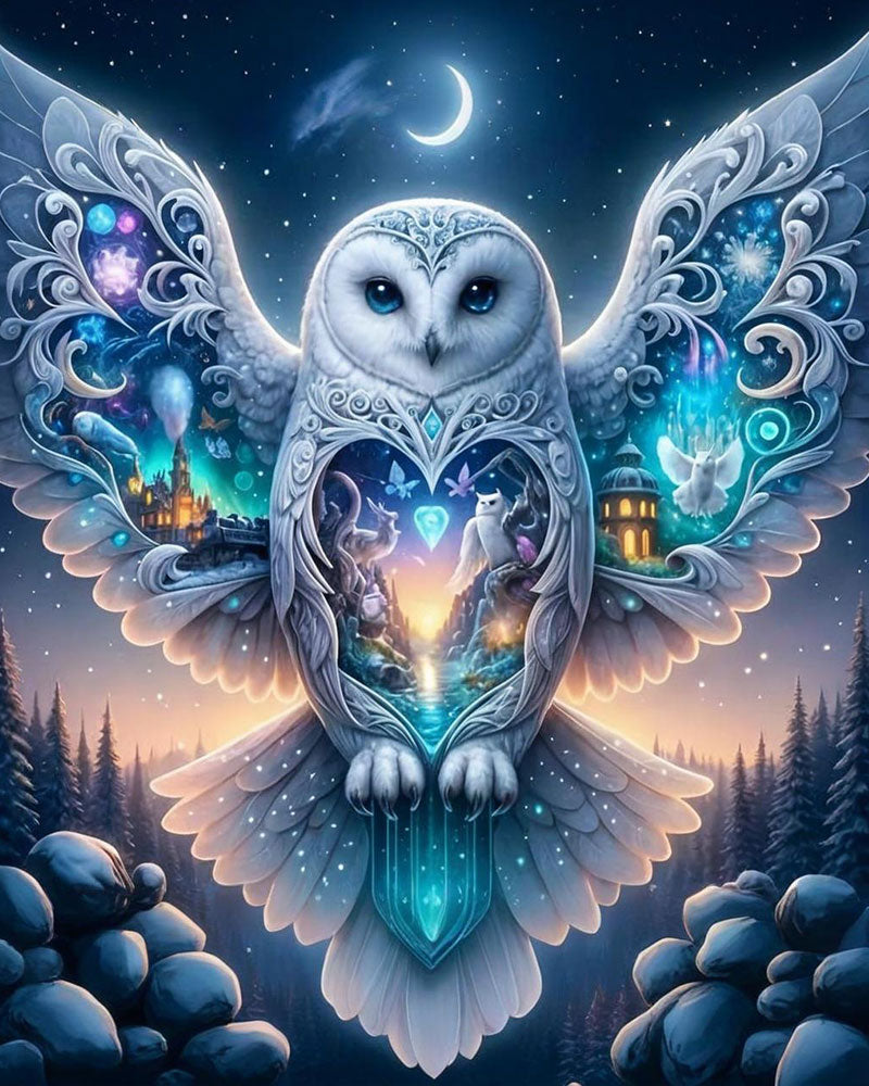 Fantasy owl with intricate designs against a night sky with moon and stars.
