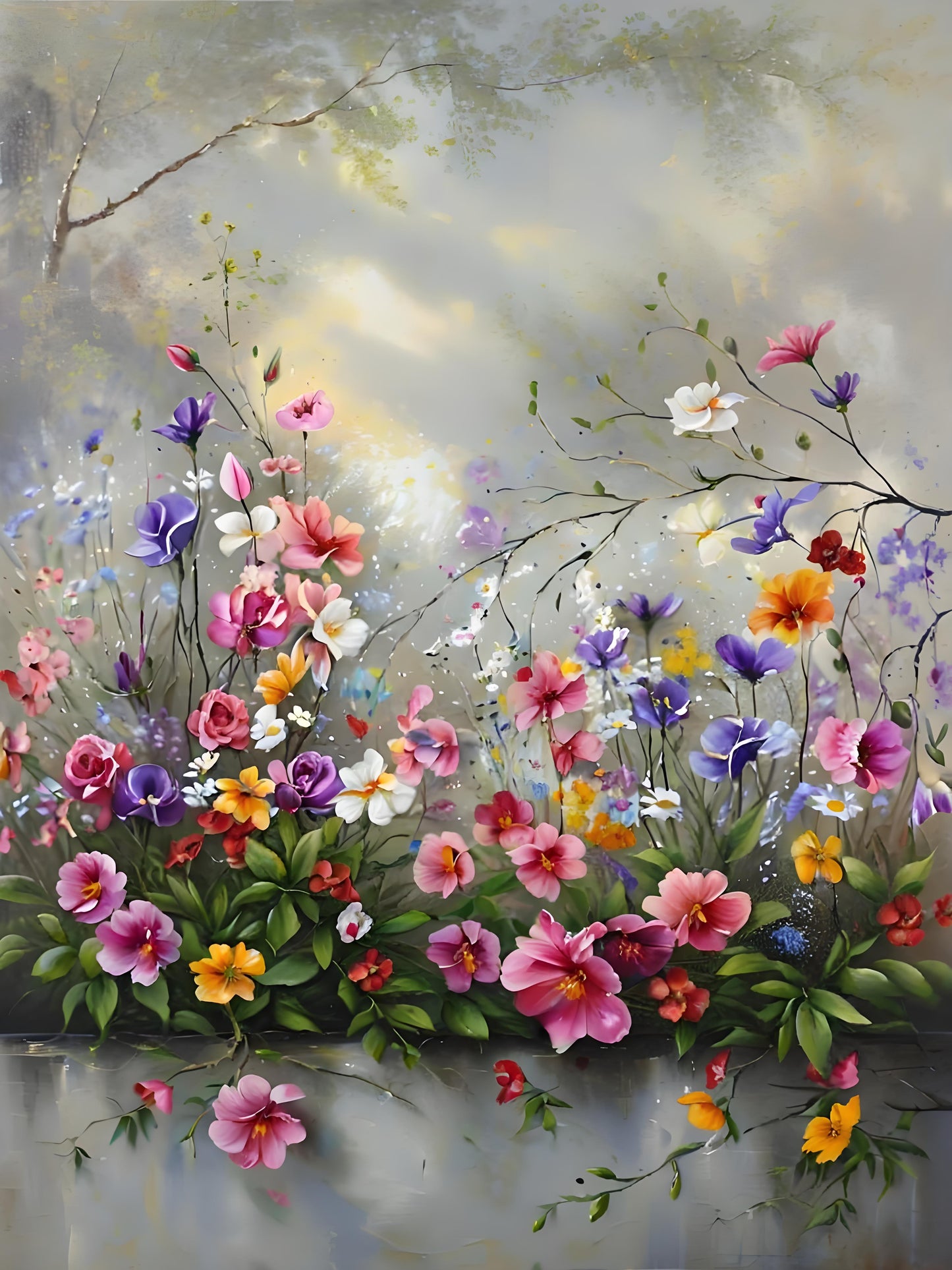 A colorful floral painting featuring a dense arrangement of pink, purple, yellow, orange, and white flowers with green leaves, set against a soft, misty gray and white background with faint tree branches.