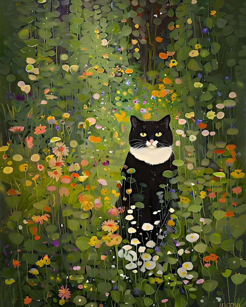 A black-and-white cat sits in a surreal field of green leaves and colourful wildflowers.