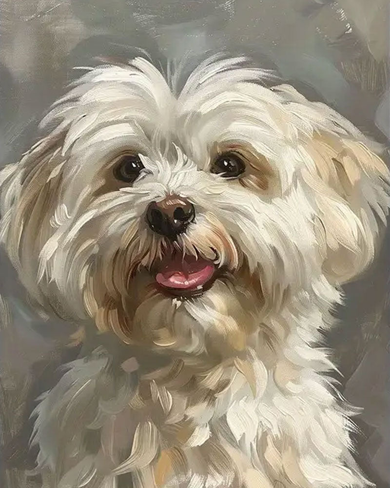 Painting of a fluffy white dog with a soft background
