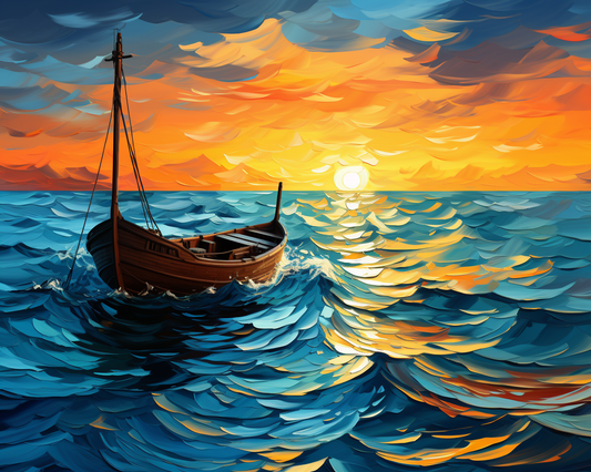 Sailing boat on choppy waters with a vibrant sunset sky