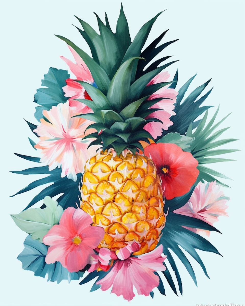 Pineapple surrounded by tropical flowers and leaves on a light blue background