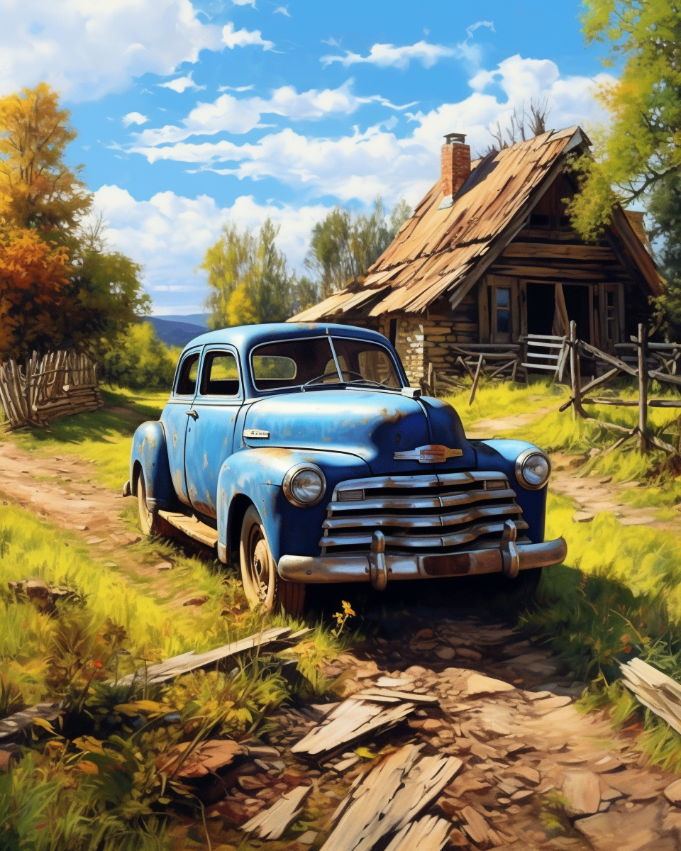 Blue Pickup on a Country Road