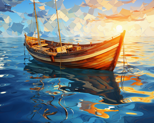 Wooden sailboat on water with a colorful abstract background