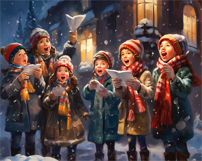 Children singing carols in a snowy village scene