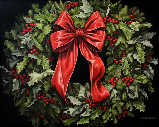 Christmas wreath with a red bow and holly berries on a dark background