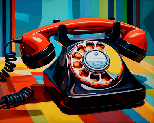 Vintage red rotary phone on a colorful abstract background