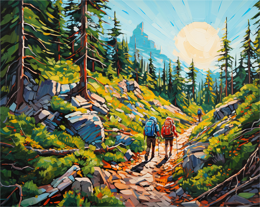 Painting of two hikers on a trail through a forest with a bright sky.