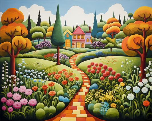 Colorful illustration of a garden with flowers, trees, and a house.