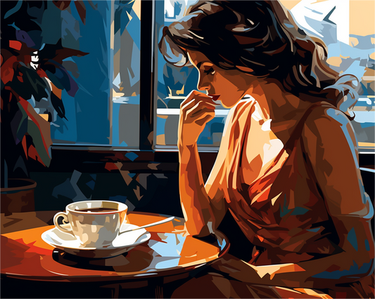 Woman sitting at a table with a cup of coffee, near a window.