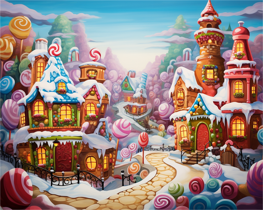 A whimsical, colourful fantasy village scene with candy-themed houses, snow, winding paths, and oversized lollipops in the foreground. 