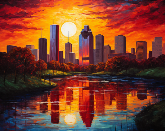 City skyline reflected in water with a vibrant sunset sky