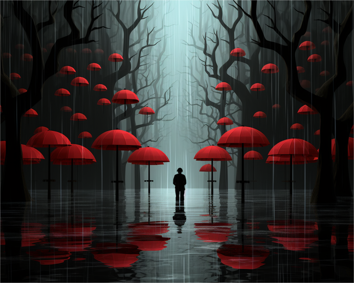 A dark, moody forest scene with rain, bare black trees, and many red umbrellas floating in the air. A small silhouetted person stands in the center of the rain, and the red umbrellas are reflected on the wet ground.