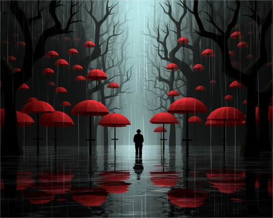 A dark, moody forest scene with rain, bare black trees, and many red umbrellas floating in the air. A small silhouetted person stands in the center of the rain, and the red umbrellas are reflected on the wet ground.
