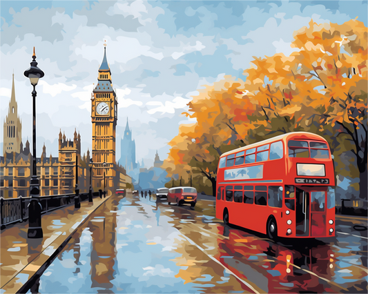 Big Ben and a double decker bus feature in this depiction of a London street scene.