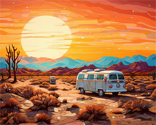 Vintage camper van in a desert landscape with a large sun in the sky