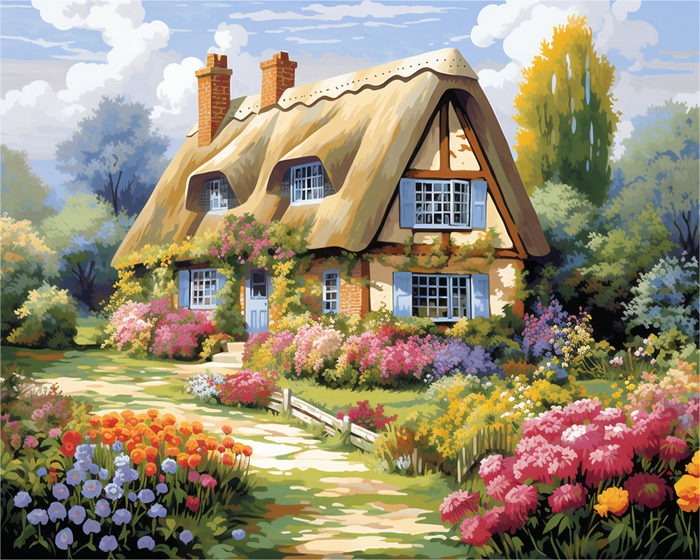 Thatched cottage with a garden full of colorful flowers on a sunny day.