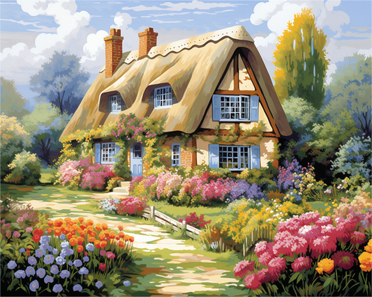 Thatched cottage with a garden full of colorful flowers on a sunny day.