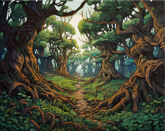 Fantasy forest with twisted trees and a path