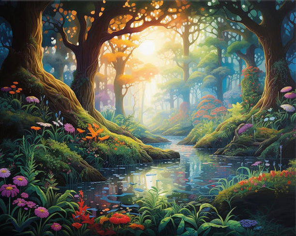 Mystical forest scene with a stream, flowers, and a glowing light at the center.