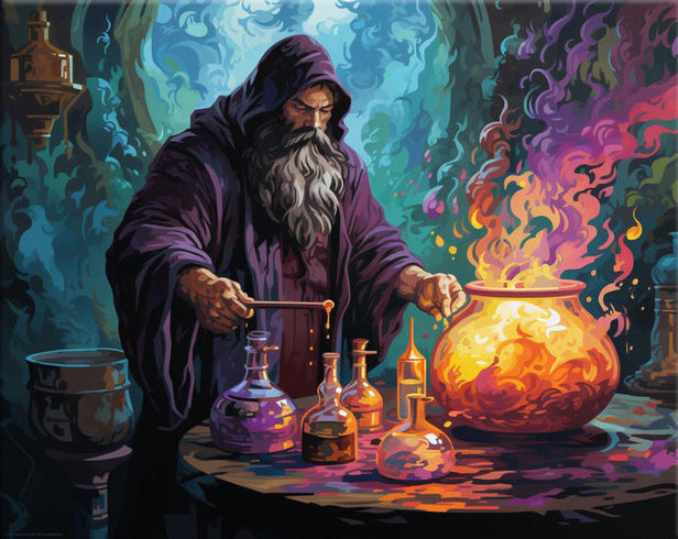 Alchemist in a lab with potions and a glowing flask