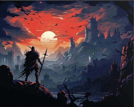 Fantasy landscape artwork showing a silhouetted warrior holding a sword on a rocky outcrop, overlooking a dark castle city under a dramatic red-orange sunset sky with a large pale sun and flying birds.