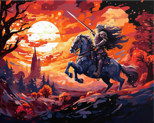 Warrior on a horse with a sword in an apocalyptic landscape