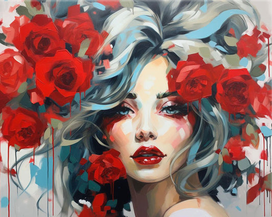 Artistic depiction of a woman's face surrounded by red roses with abstract elements.