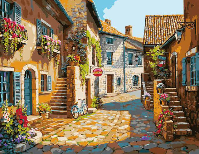 Blue-Shuttered Village Stroll
