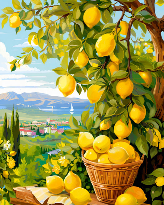 Lemons on a tree with a basket below and a scenic background