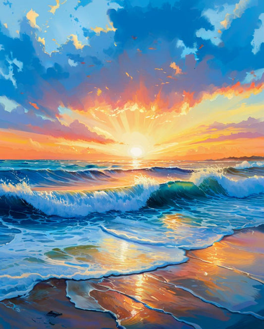 Sunset over the ocean with vibrant colors and crashing waves.