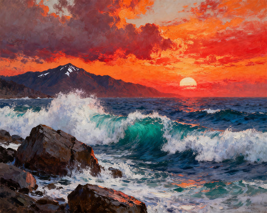 Sunset over a mountain range with crashing waves and rocks.