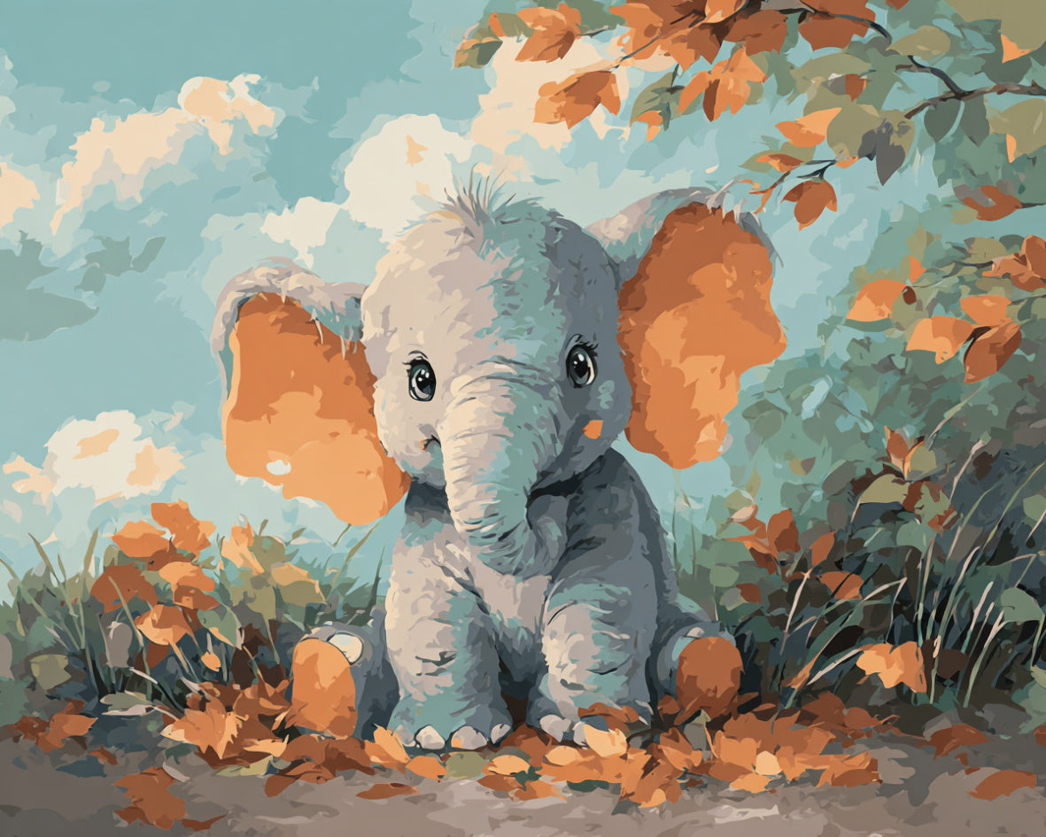 Painting of a baby elephant in a natural setting with trees and flowers.