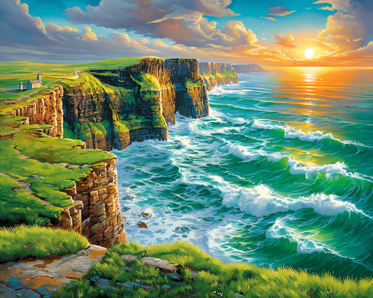 Sunset over a cliff with ocean waves crashing against the shore