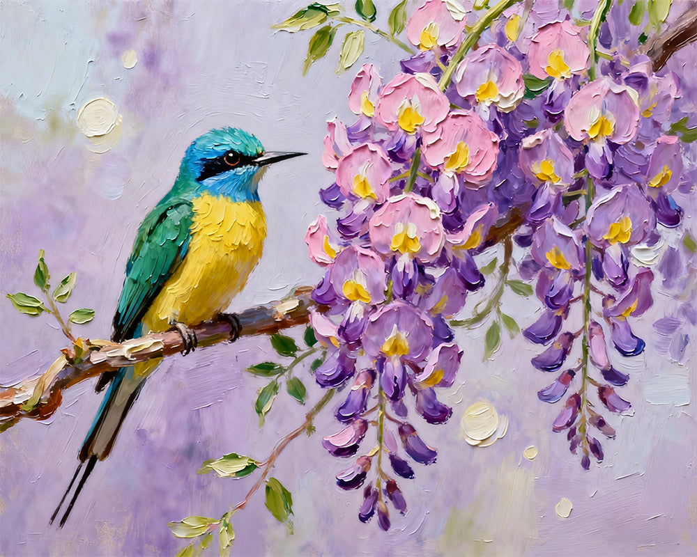 Painting of a bird on a branch with wisteria flowers