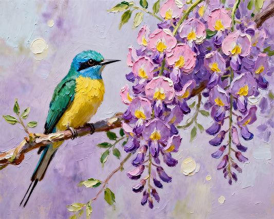 Painting of a bird on a branch with wisteria flowers
