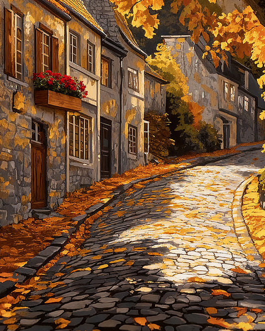 Autumn Stroll on Cobblestone Lane