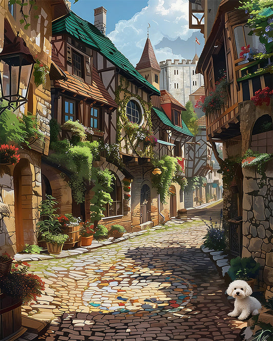 A whimsical medieval village street scene with timber houses, cobblestone paths, hanging flower baskets, and a small white dog sitting in the lower right foreground under a blue sky.