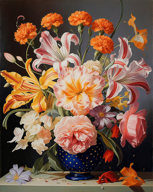 Still life painting of a bouquet of flowers in a blue vase on a dark background