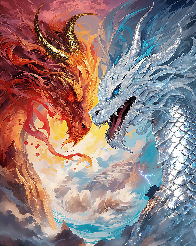 Two dragons, one red and one blue, facing each other with a dramatic sky background.