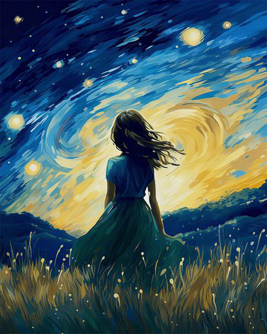 Artistic depiction of a woman in a field under a Van Gogh-inspired night sky.