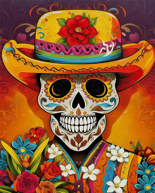 Vibrant Day of the Dead style painting of a sugar skull wearing a large yellow sombrero with a red flower and colorful floral details, set against a warm orange and purple background.