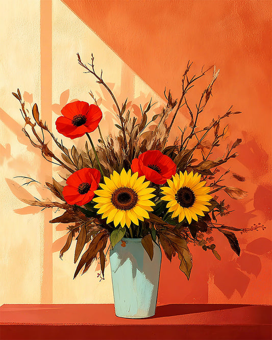 Vase with red poppies and yellow sunflowers on a peach-colored background